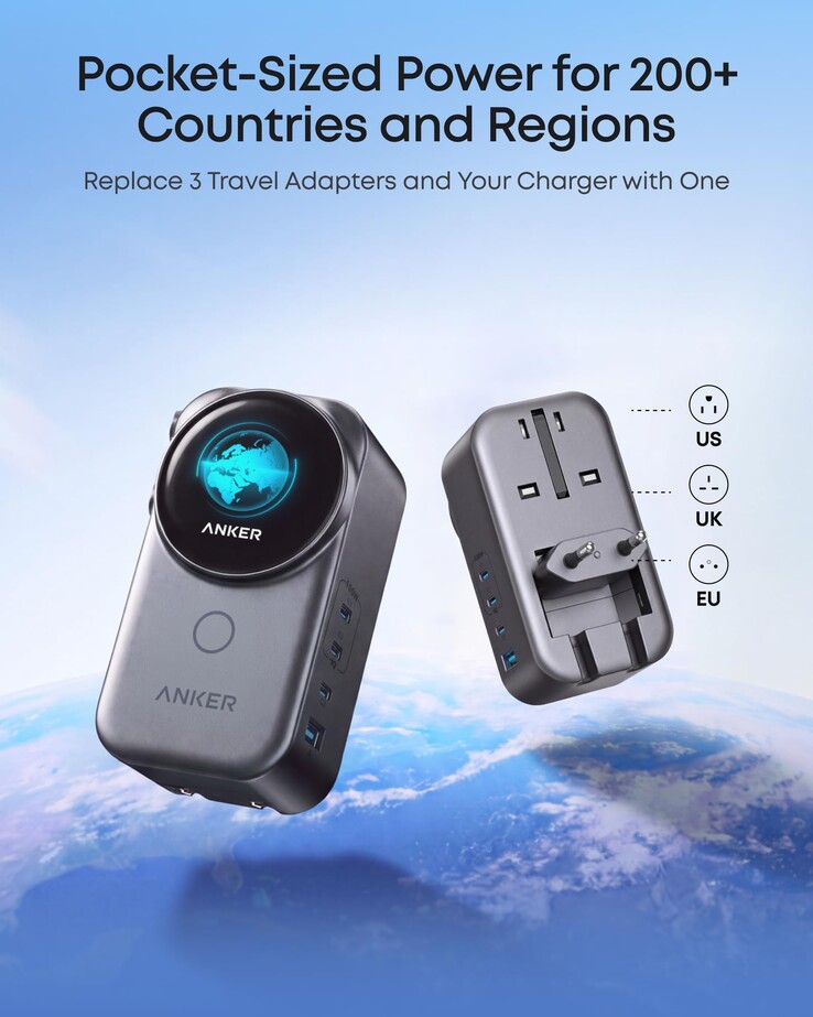 Anker Nano Seyahat Adaptörü (4'ü 1 arada, 100 W, Akıllı Ekran) için sızdırılmış bir pazarlama görseli
