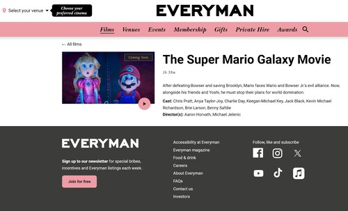 Everyman Cinema Süper Mario Galaxy Film açıklaması