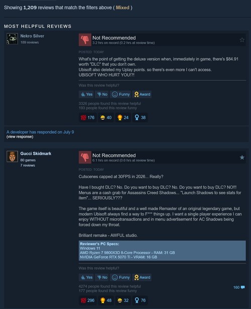 Assassin's Creed Black Flag: Resynced oyununa ilişkin karışık Steam yorumları gösteriliyor