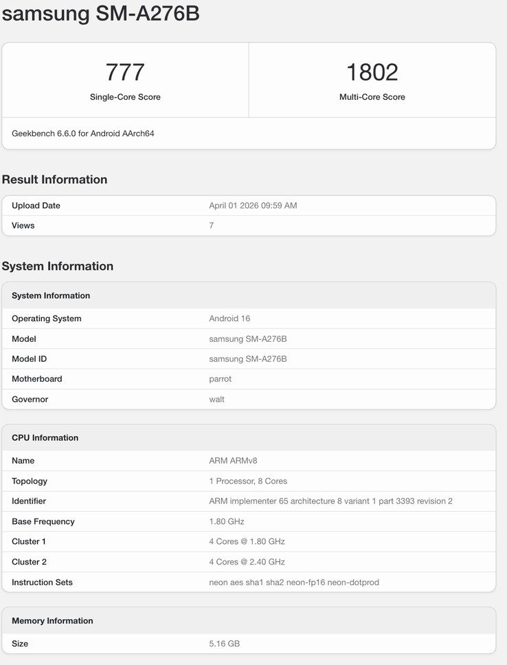 Samsung'un yakında çıkacak telefonunun Geekbench listesi.