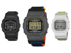 Resimde Casio G-Shock DW-5600MNC-1, DW-5600MNC-BA2 ve DW-5600MNC-7A8 beyaz bir arka plan üzerinde gösterilmiştir.
