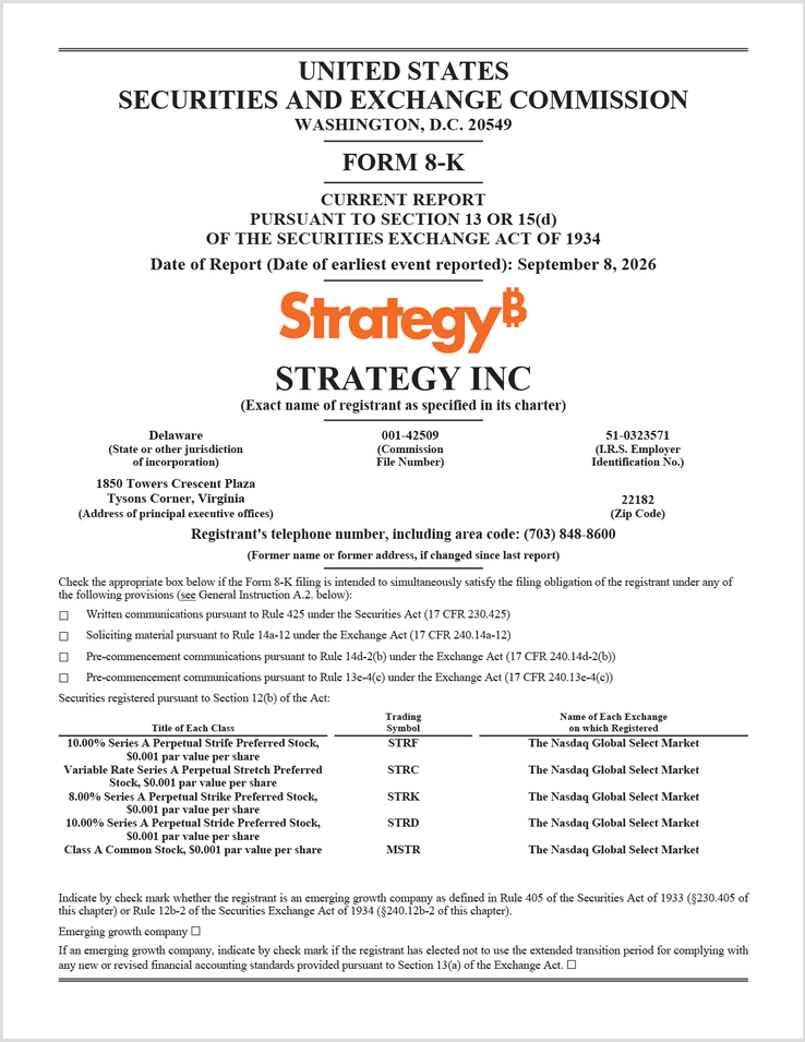 Strategy'nin SEC Form 8-K • 8 Eylül 2026