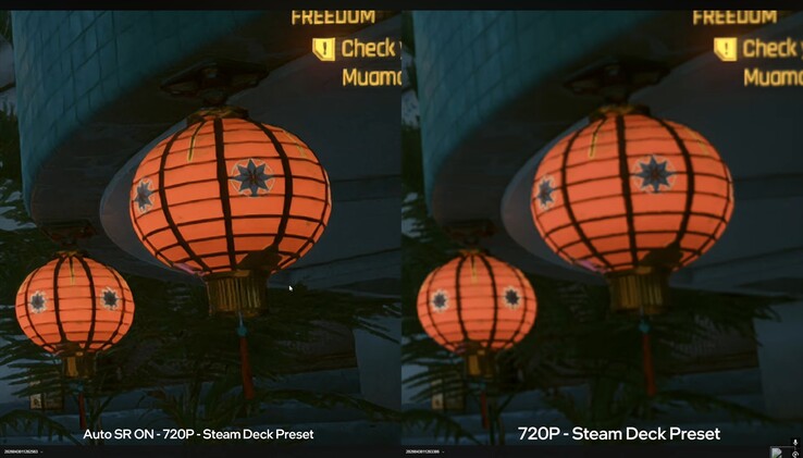 ROG Xbox Ally X üzerinde Cyberpunk 2077 doğal vs Otomatik SR görüntü kalitesi karşılaştırması.
