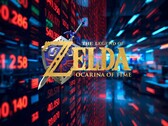 The Legend of Zelda: Ocarina of Time yeniden yapım logosu Nintendo hisse senedi ticker'ının önünde