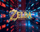 The Legend of Zelda: Ocarina of Time yeniden yapım logosu Nintendo hisse senedi ticker'ının önünde