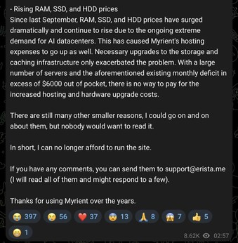 Myrient, artan altyapı maliyetlerini gerekçe göstererek önümüzdeki ay kapanıyor.