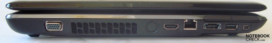 VGA, havalandırma deliği, HDMI, LAN, ExpressCard yuvası, birleştirilmiş E-SATA/USB 2.0, USB 2.0, Firewire