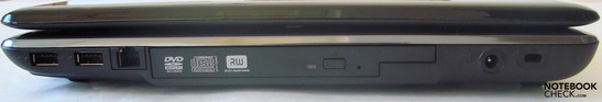 2x USB 2.0, modem, DVD sürücüsü, elektrik girişi, Kensington güvenlik kilidi
