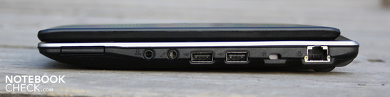 sağ: kart okuyucu, ses çıkışı/SPDIF, mikrofon, 2x USB 2.0, Kensingon , Ethernet RJ 45