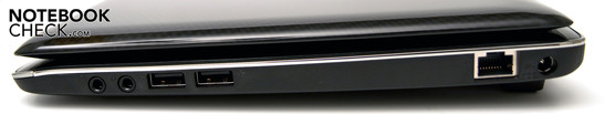 Sağ: 2 USB, ses yuvaları (hoparlör girişi, mikrofon çıkışı), RJ-45, güç girişi