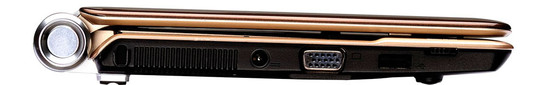 Sol taraf: Kensington kilidi, hava çıkışı, güç girişi, analog VGA-çıkışı, USB, WLAN düğmesi