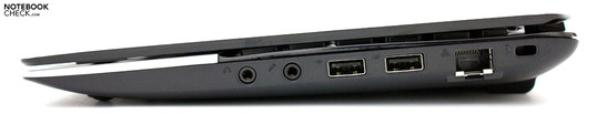 Sağ: Ses girişleri, 2 USB 2.0s, RJ45, Kensington kilidi