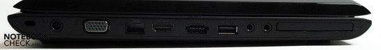 Sol taraf: Kensington, DC-in, VGA, Ethernet, HDMI, USB/eSATA kombi, USB, ses, ExpressCard yuvası