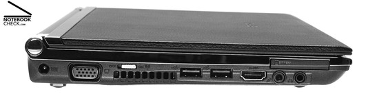 Sol taraf: Güç bağlantısı, VGA, Kablosuz düğmesi, Hava delikleri, 2x USB-2.0, μ-DVI-Port, Mikrofon, Kulaklık (S/PDIF), ExpressCard/34