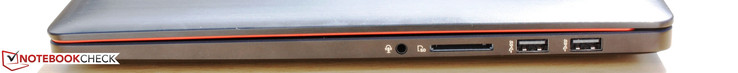 Right: 3.5 mm combo, SD reader, 2x USB 3.0
