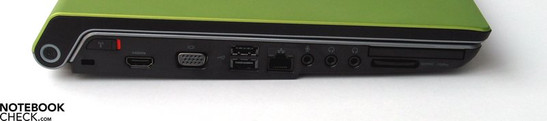Left: Kensington Lock, HDMI, VGA-Out, 2x USB 2.0, LAN, ses çıkışları, ExpressCard, SD kart okuyucu