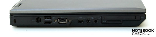 Sol: Kensington güvenlik kilidi, 2X USB, VGA, FireWire, mikrofon, kulaklık, ExpressCard/54, üçü bir arada kart okuyucu