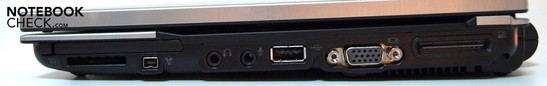Sağ taraf: ExpressCard/54, SD card okuyucusu, Firewire, Ses portları, USB 2.0, VGA, yuva girişi