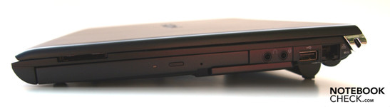 Sağ: Optik sürücü, kart okuyucu, mikrofon, kulaklık, USB 2.0, LAN (RJ-45), Kensington kilidi (menteşeler).