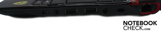 Sağ: 5-i 1 arada kart okuyucu, 2x ses, 2x USB-2.0, güç girişi, Kensington güvenlik kilidi, RJ-45 LAN