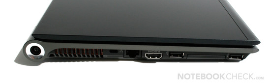 sol taraf: güç girişi, Kensington kilidi, gigabit LAN, HDMI, USB, Expresscard 34mm, USB