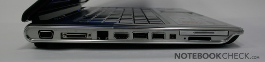 Sol taraf: Express Card 45, Kart okuyucu (SD, MS (Pro), MMC, xD), FireWire 400, USB, eSata (dahili USB ise), HDMI, LAN, Docking Station, VGA