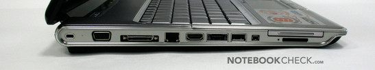 Sol Taraf: Express Card 45, Kart Okuyucu (SD, MS (Pro), MMC, xD), FireWire 400, USB, eSata (dahili USB), HDMI, Gigabit LAN, Dockingstation, VGA