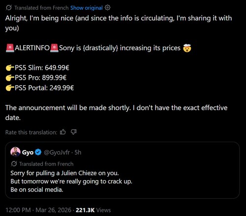 X'te makine çevirisi PS5 fiyat artışı söylentisi