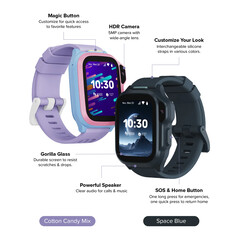 myFirst Fone S4 akıllı saat, Cotton Candy Mix veya Space Blue renk seçenekleriyle sunulmaktadır.