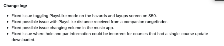Garmin Approach S44 ve S50 akıllı saatler için sistem yazılımı 8.04'ün değişiklik günlüğü. (Resim kaynağı: Garmin forumundan ekran görüntüsü)