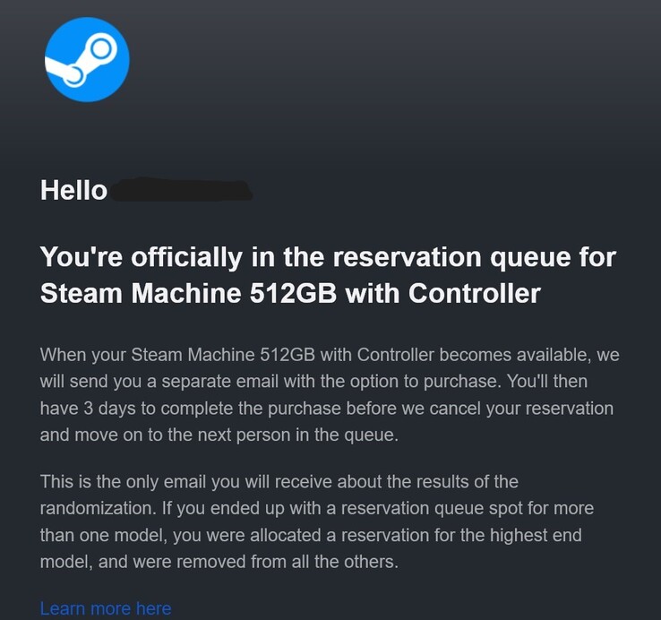 Steam Machine ön sipariş e-postası.