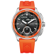 Citizen Promaster Wave Tracker JV3000-13E'nin turuncu kauçuk kayışlı, turuncu çerçeveli, siyah kadranlı ve analog-dijital regatta zamanlayıcı ekranlı önden çekilmiş ürün görseli.