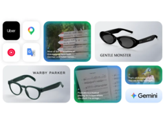Google tanıtım görseli, canlı çeviri, navigasyon, müzik tanıma, görsel arama ve eller serbest uygulaması gibi yapay zeka destekli özelliklerin yanı sıra Gentle Monster ve Warby Parker'ın yeni gözlük tasarımlarını içeren Android XR akıllı gözlük platformunu sergiliyor