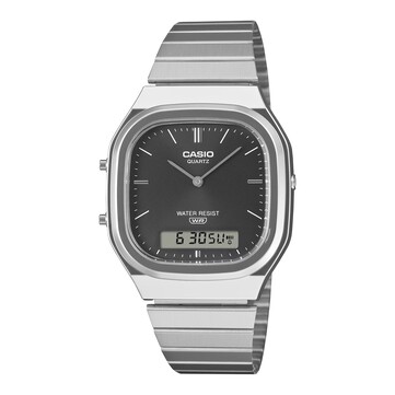 Casio AQ-240E-1A retro analog-dijital saat, siyah sunburst kadran, gümüş rengi kasa ve paslanmaz çelik kordon ile.