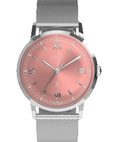 Timex x Todd Snyder Marlin Mesh saat, somon rengi güneş ışını desenli kadran ve paslanmaz çelik örgü kordon ile sunulur.
