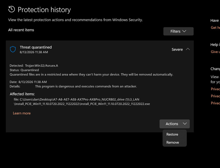 Windows Defender tarafından işaretlenen yürütülebilir dosya