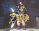 Link'in Master Sword'u tuttuğunu gösteren Zelda: Ocarina of Time yeniden yapımına ait banner
