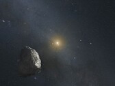 Bir asteroit ve bir yıldızı gösteren bir illüstrasyon.