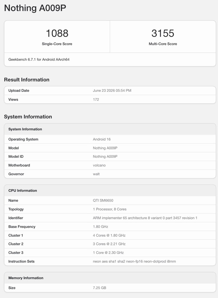 Beklenen Nothing Phone (4b) modelinin Geekbench'teki kaydı.