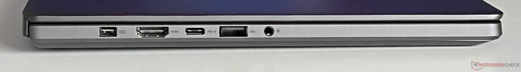 Sol: Güç kaynağı, HDMI 2.1, USB-C 4.0 (40 GBit/s, DisplayPort 1.4, Güç Dağıtımı), USB-A 3.2 Gen 2 (10 GBit/s), 3,5 mm ses