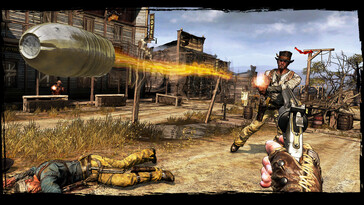 Call of Juarez: Gunslinger oyunundaki bir dövüş sahnesini gösteren bir resim.