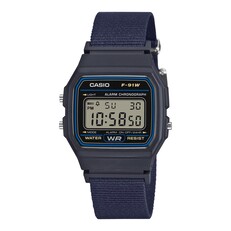 Mavi kasalı ve uyumlu dokuma kumaş kayışlı Casio F-91WF-2A dijital saat.