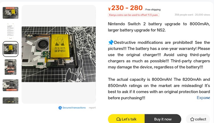 Nintendo Switch 2 için 8.000 mAh kapasiteli genişletilmiş pilin Xianyu'daki listesi