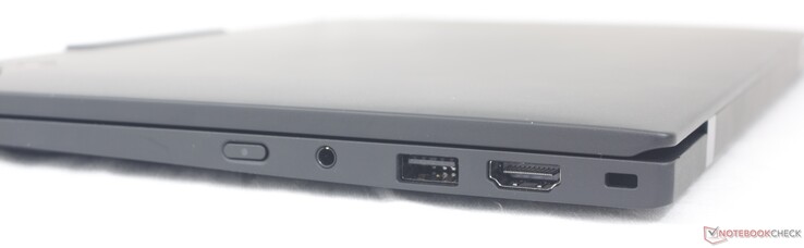 Sağ tarafta: Güç düğmesi, 3,5 mm kulaklık, USB-A 3.2 Gen. 1, HDMI 2.1, Nano Kensington Kilidi