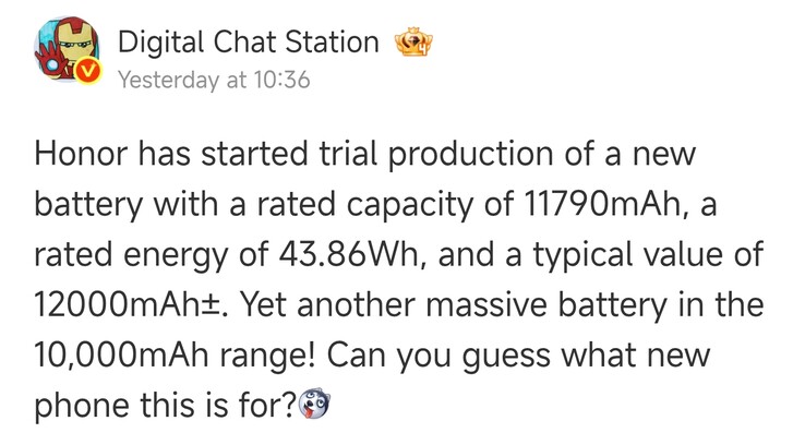 Sızıntı kaynağı Digital Chat Station, Honor'un 12.000 mAh kapasiteli bir telefonunu yakında piyasaya sürebileceğini söyledi.