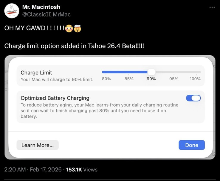 macOS 26.4 Tahoe, şarj limitleri için destek eklemiş gibi görünüyor.