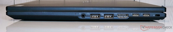 Sağ: 3,5 mm combo ses jakı, 2x USB 3.2 Gen2 Type-A, HDMI 2.1-out, 2x Thunderbolt 4 (DisplayPort ve Power Delivery ile), Kensington Nano yuvası