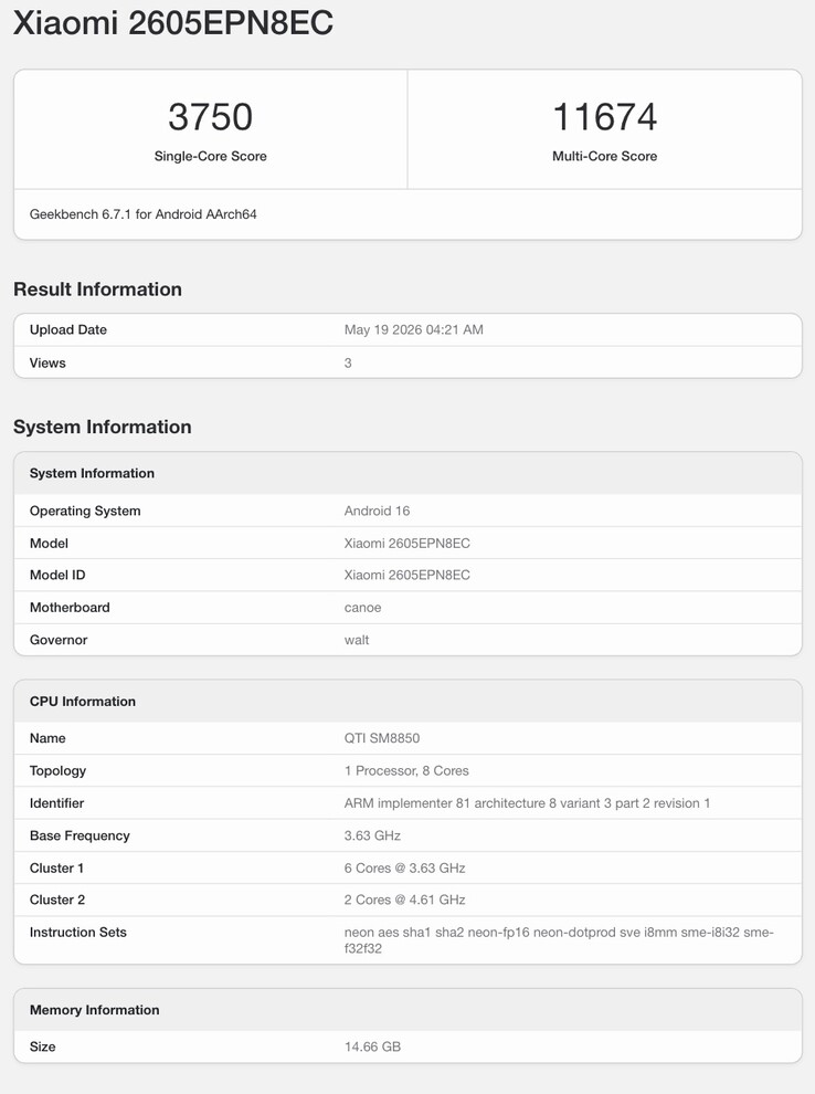 Xiaomi 17 Max'e ait olduğu iddia edilen Geekbench listesi.