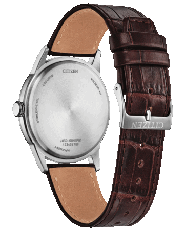 Citizen Rolan AW2110-14Z modelinin arka görünümü; paslanmaz çelik arka kapağı ve markalı tokalı kahverengi deri kayışı görülüyor.