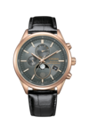 Citizen BY1033-01H Eco-Drive ay evreli saat; kömür grisi kadran, gül altın rengi paslanmaz çelik kasa, siyah deri kayış, analog ay evre göstergesi, çift alt kadran ve tarih penceresi ile donatılmıştır.